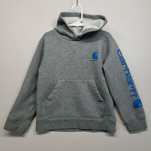 Carhartt Youth 6 Hoodie Heather Gray Blue Sleeve Logo Pullover Sweatshirt